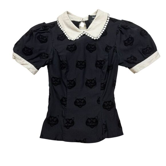 Girl’s Collectif X ModCloth Black Velvet Cat Blouse with White Collar Size 6 - Picture 1 of 8